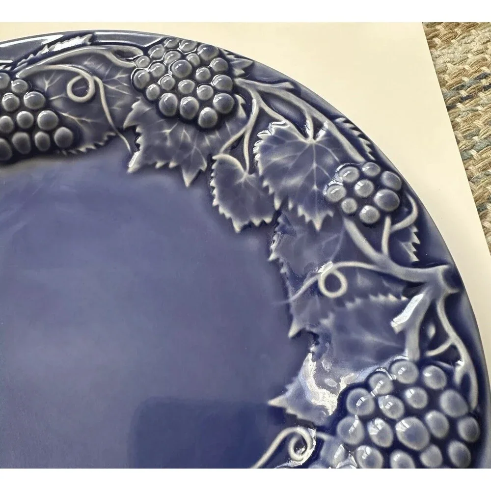 Set Of 2 Bordallo Pinheiro Cobalt Blue Grapes, Vine, Leaves 9.4” Luncheon Plates